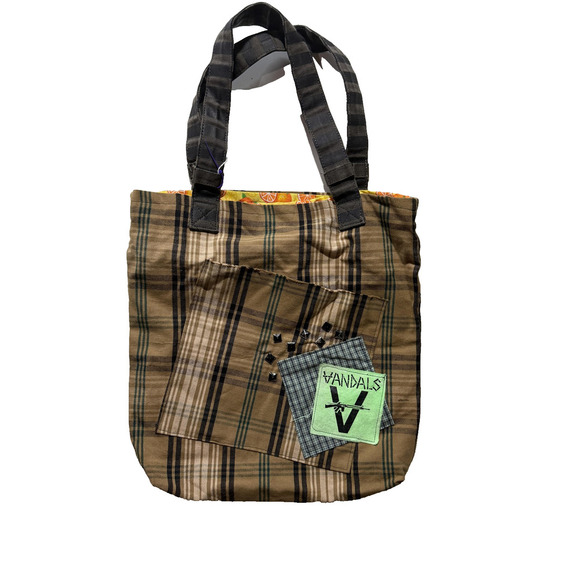 Handmade Vintage Tote Bag Punk Patch Indie Womens Brown Olive Oranges Interior - Picture 1 of 9